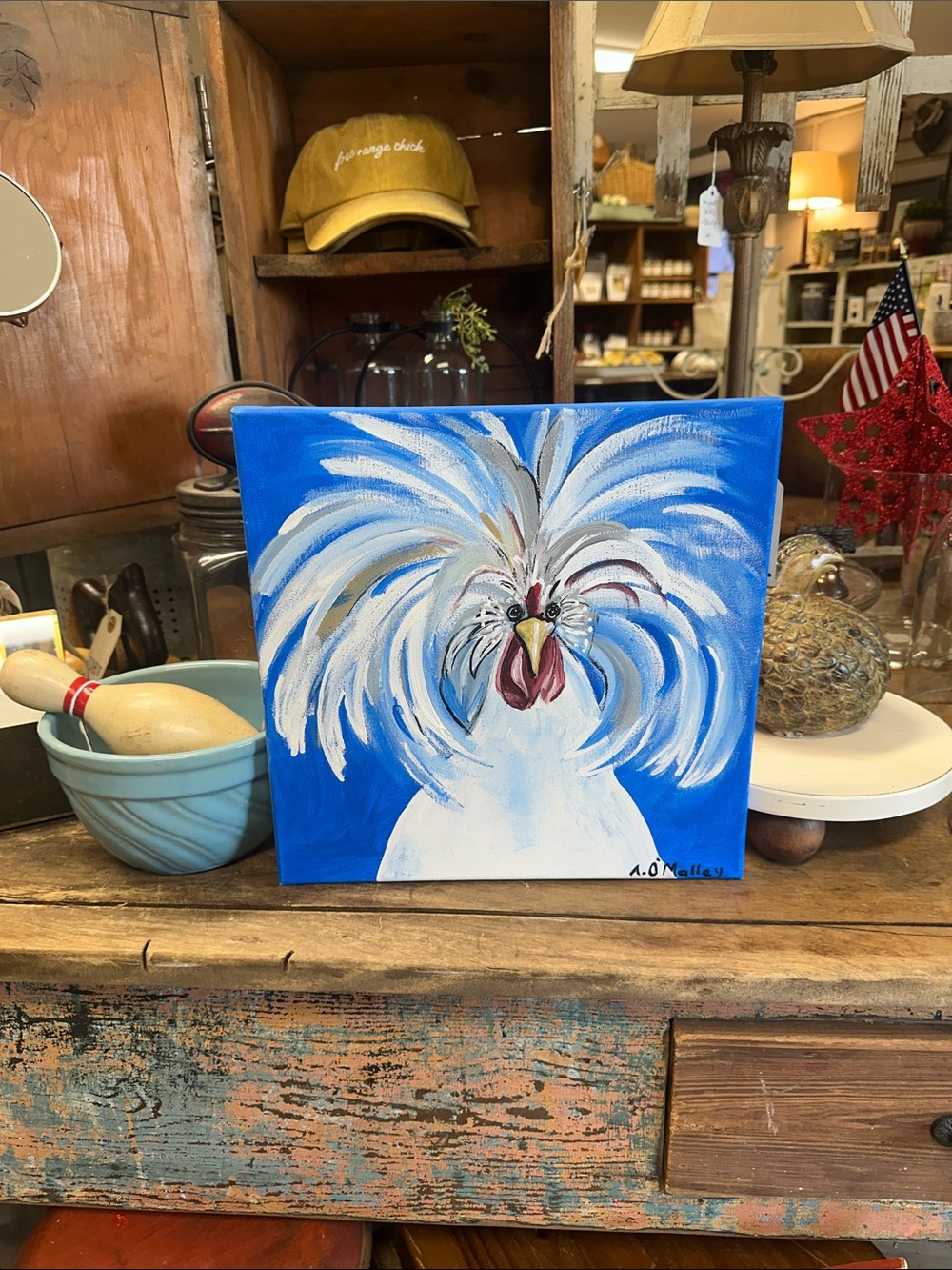 Hand-Painted White Rooster Canvas Wall Art on Blue Background